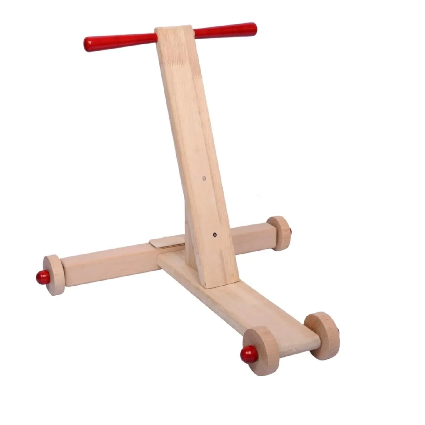 Handcrafted Channapatna natural wood baby push walker — 17.7 inch height, T-bar red handle, four smooth wheels, lightweight bamboo-tone construction — safe toddler walking aid — ArtyCraftz
