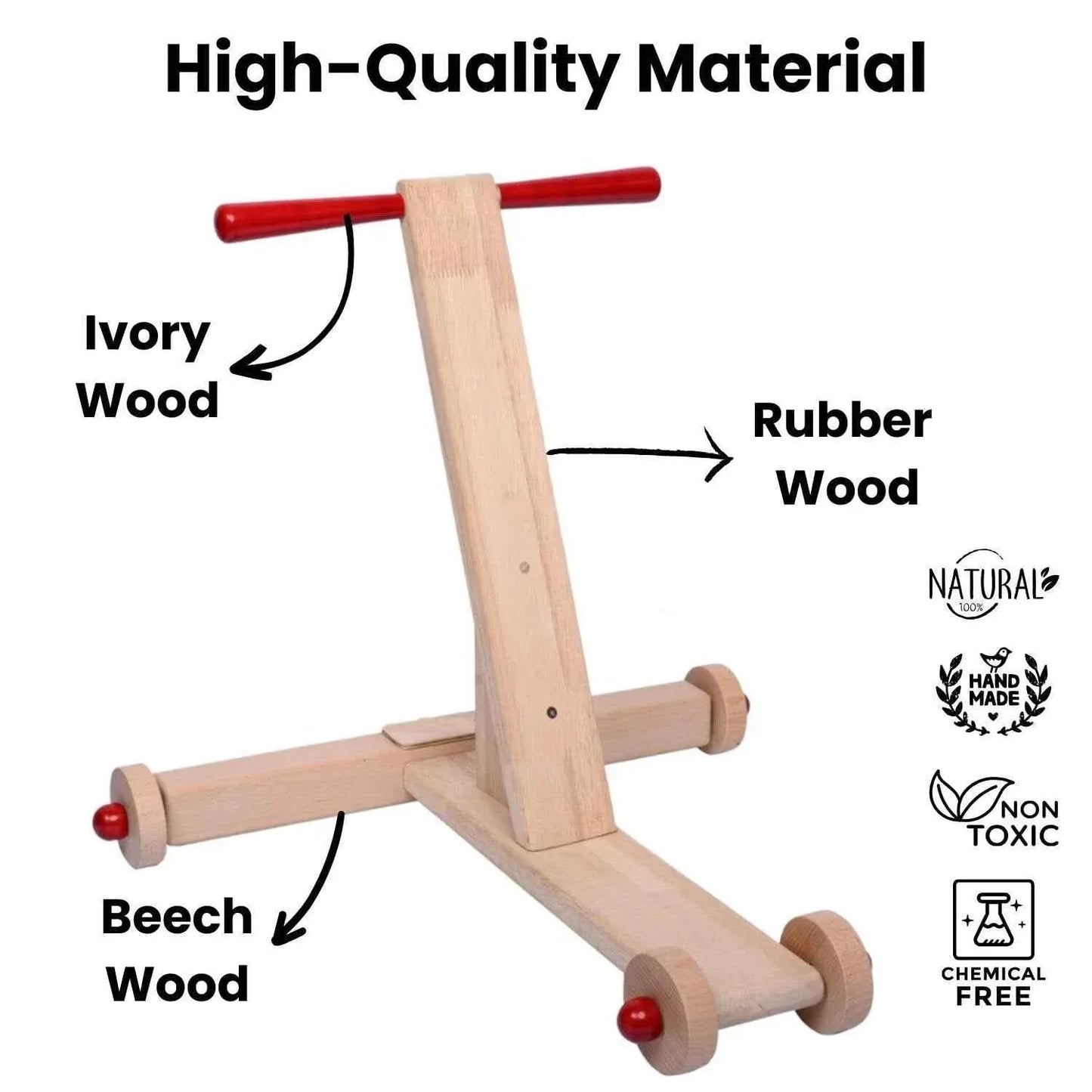 Channapatna Natural Wood Baby Walker  17.7 Inch Handcrafted Push Toy with Red Handle | Safe Eco-Friendly Toddler Walker