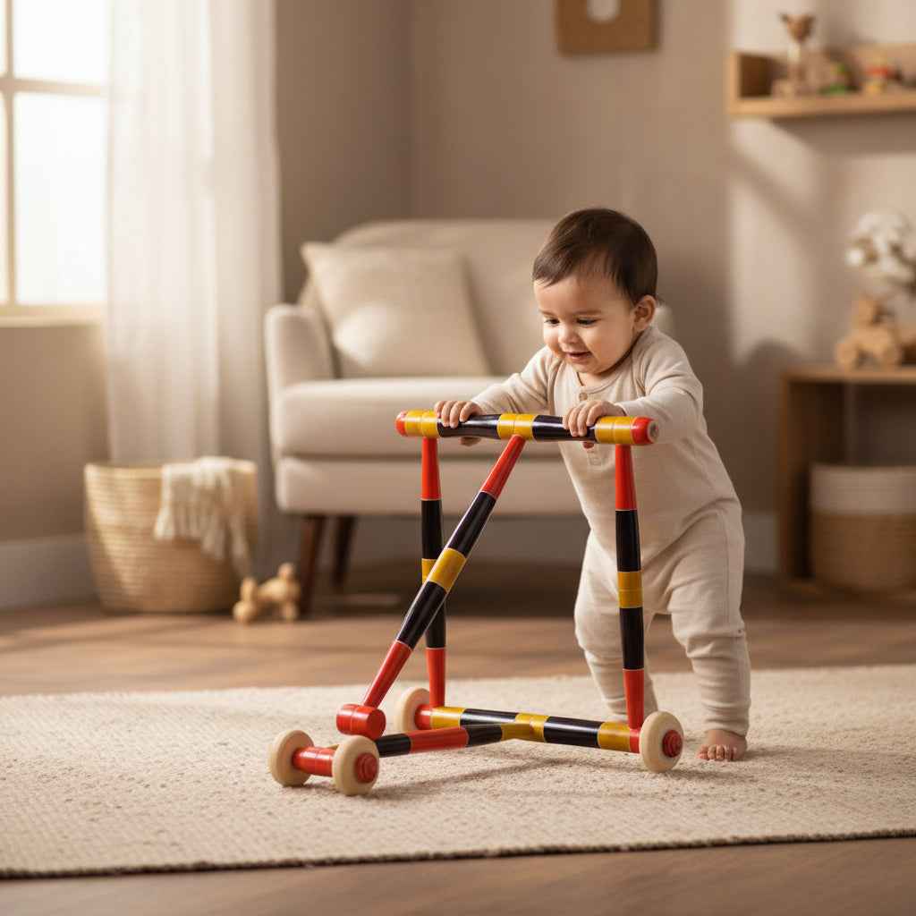 Channapatna Wooden Baby Walker Handcrafted Traditional Indian Push Toy | Natural Colours | Safe for Toddlers