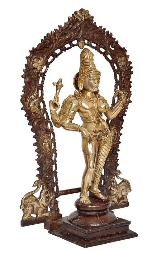 Handcrafted Chola Style Brass Ardhanarishvara Statue with Ornate Arch Left View-ArtyCraftz.com