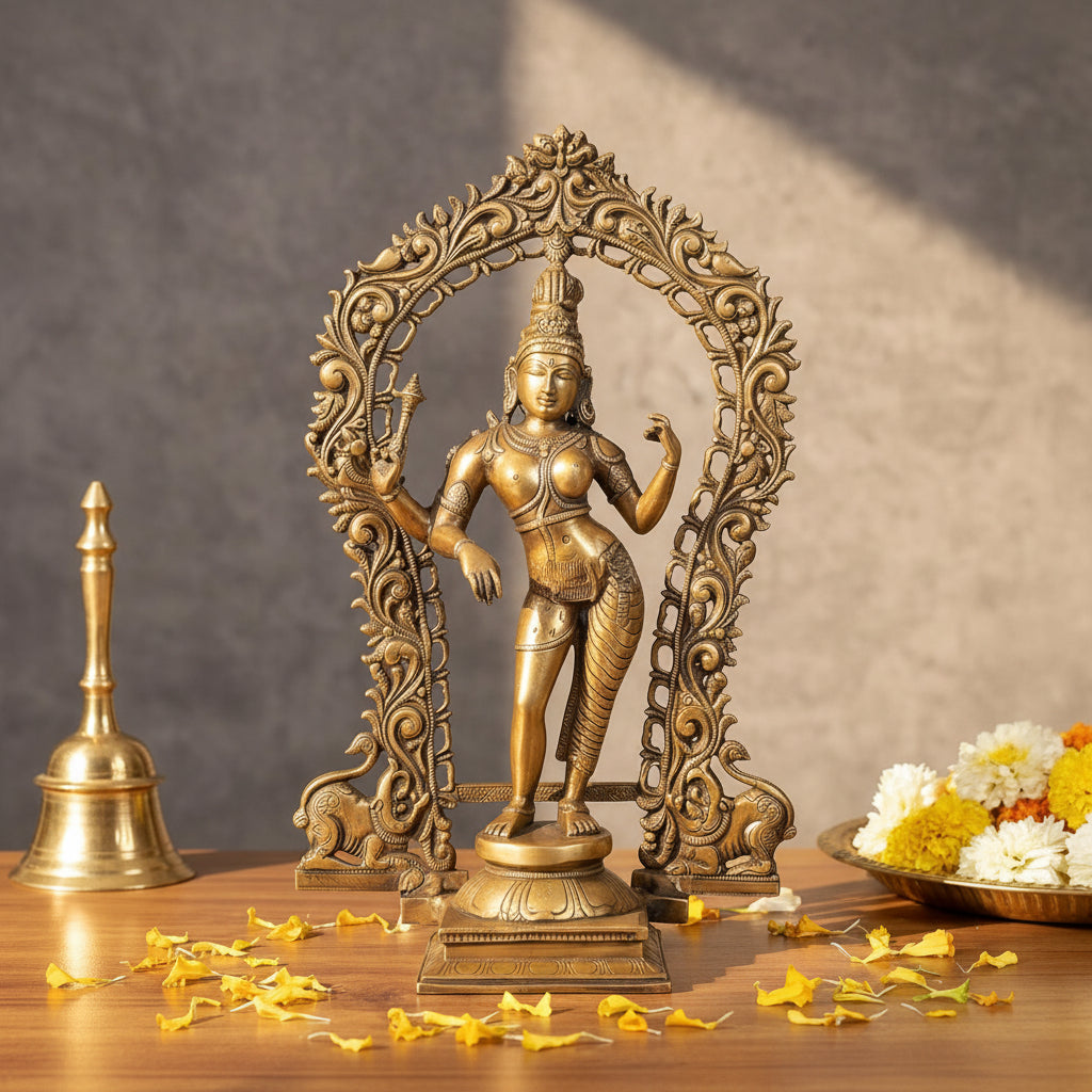 Handcrafted Chola Style Brass Ardhanarishvara Statue with Ornate Arch Gold Murti-ArtyCraftz.com