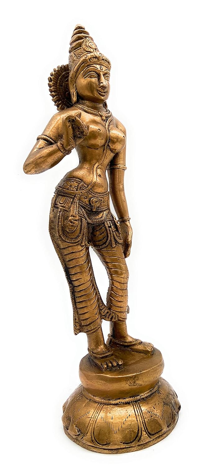 Handcrafted Chola style brass Parvati statue with antique finish Left View-ArtyCraftz.com
