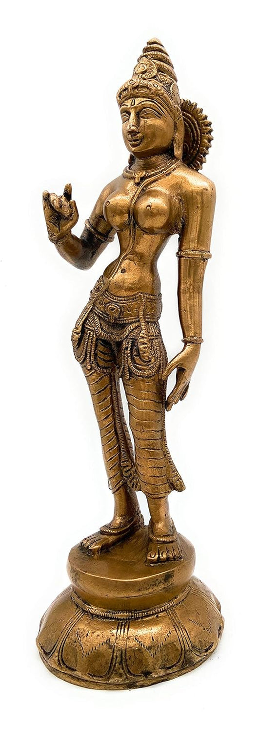 Handcrafted Chola style brass Parvati statue with antique finish Right View-ArtyCraftz.com