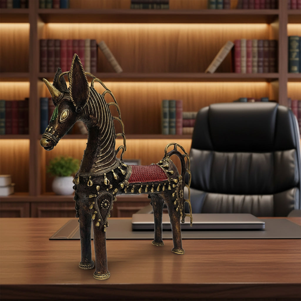 Handcrafted Dhokra Horse Sculpture -Tribal Brass Horse Showpiece for Ethnic Home Decor-ArtyCraftz.com