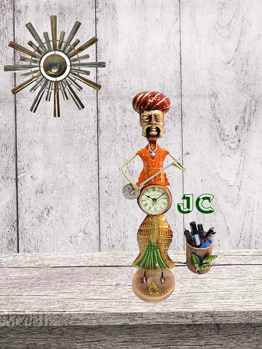 Handcrafted Iron Marwari Man Musician Clock with Pen Stand for Showpiece - ArtyCraftz.com