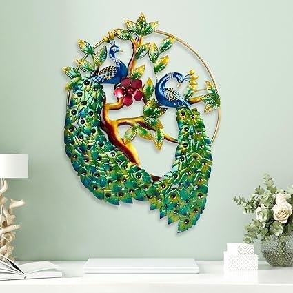 Handcrafted Iron Painted Metal Wall Hanging Peacock Indoor Decor 60 Inches