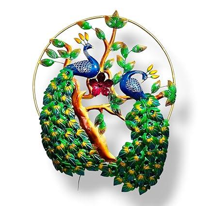 Handcrafted Iron Painted Metal Wall Hanging Peacock Indoor Decor 60 Inches