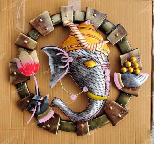 Handcrafted Lord Ganesh Playing Flute Wall Round Frame Wall Hanging Home Office Decor Gifting - ArtyCraftz.com