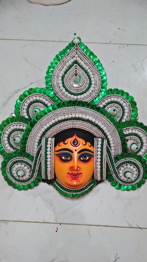 Handcrafted Ma Durga Paper Mache Mask for Wall Hanging 1.5*1.5 Feet Green Color - ArtyCraftz.com