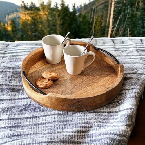 Medium Rustic Round Wooden Serving Tray 10x10x2 Inches - Handcrafted Mango Wood with Iron Handles - Decorative Kitchen & Dining Table Tray - Brown