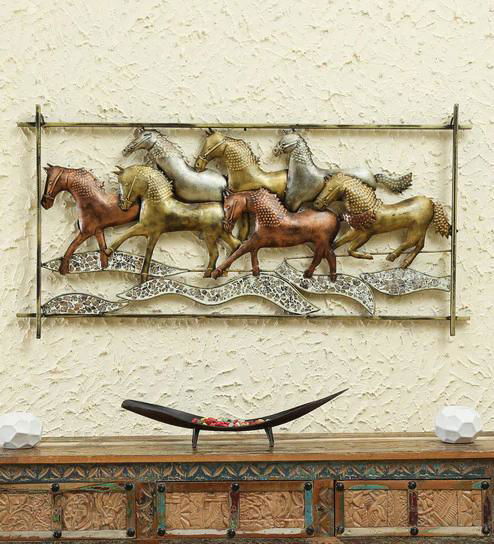 Handcrafted Metal 7 Horse with Mozak Led for Wall Decor - ArtyCraftz.com
