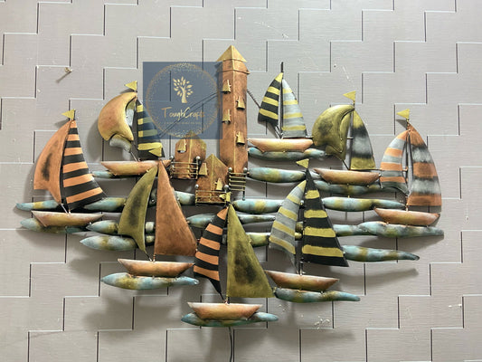 Handcrafted Metal 8 Ship Tower for Wall Decor - ArtyCraftz.com