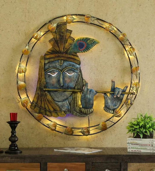 Handcrafted Metal Blue Krishna Wall Art with LED-ArtyCraftz.com