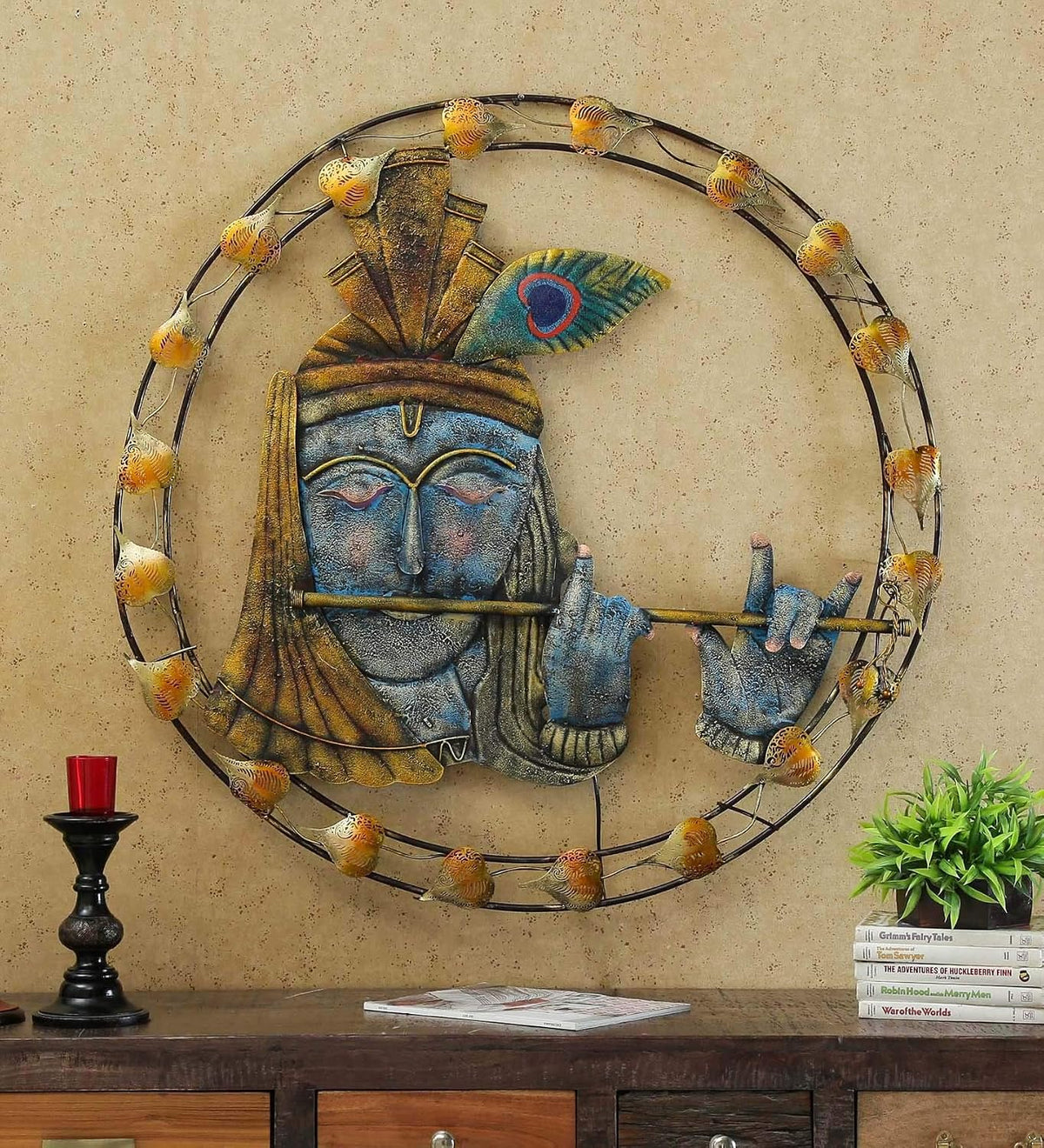 Handcrafted Metal Blue Krishna Wall Art with LED-ArtyCraftz.com