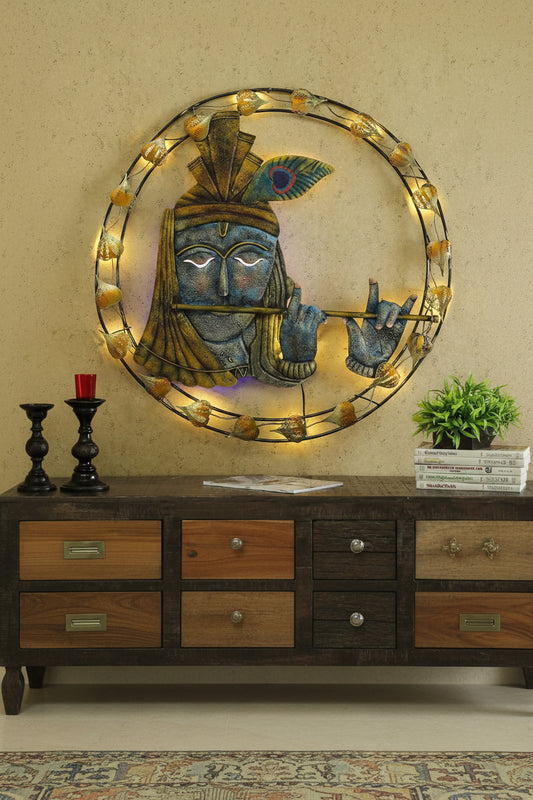 Handcrafted Metal Blue Krishna Wall Art with LED-ArtyCraftz.com