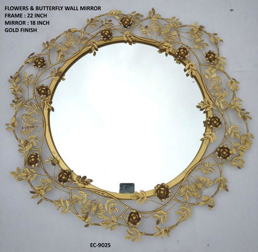 Handcrafted Metal Flower and  Butterfly Mirror for Wall Decor 22 Inches - ArtyCraftz.com