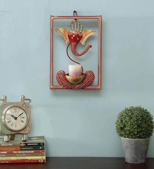 Handcrafted Metal Lord Ganesha Wall Hanging T-Light Holder Red