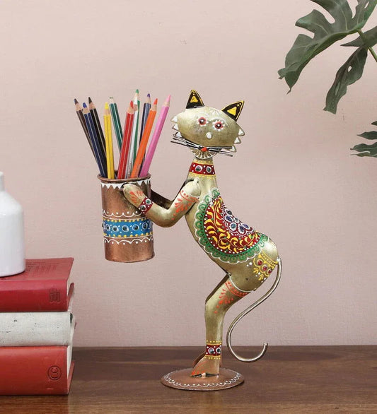 Handcrafted Metal Multi Color Cat Pen Stand for Showpiece - ArtyCraftz.com