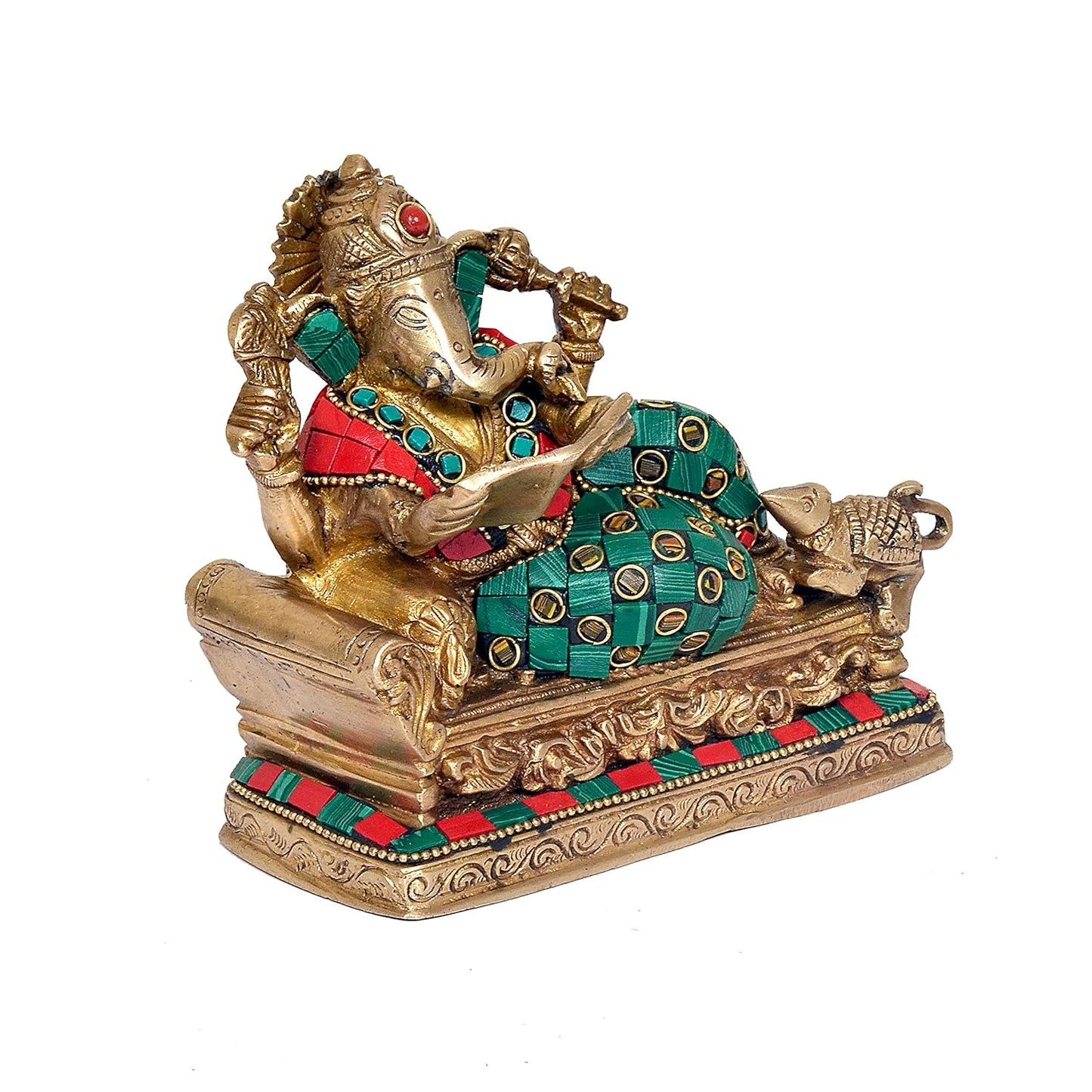 Handcrafted Multicolor Brass Ganesha Reading Book Statue Left View-ArtyCraftz.com