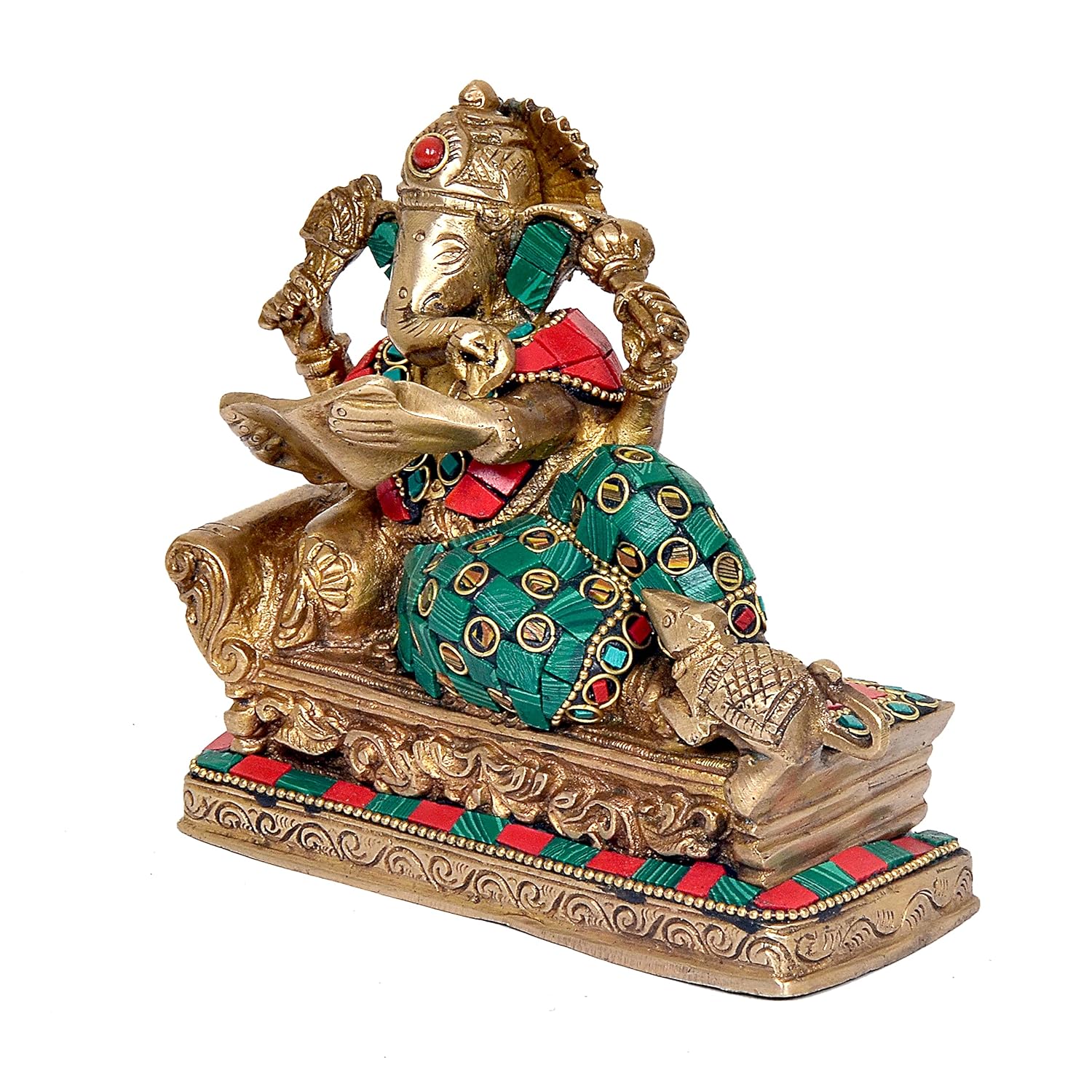 Handcrafted Multicolor Brass Ganesha Reading Book Statue Right View-ArtyCraftz.com