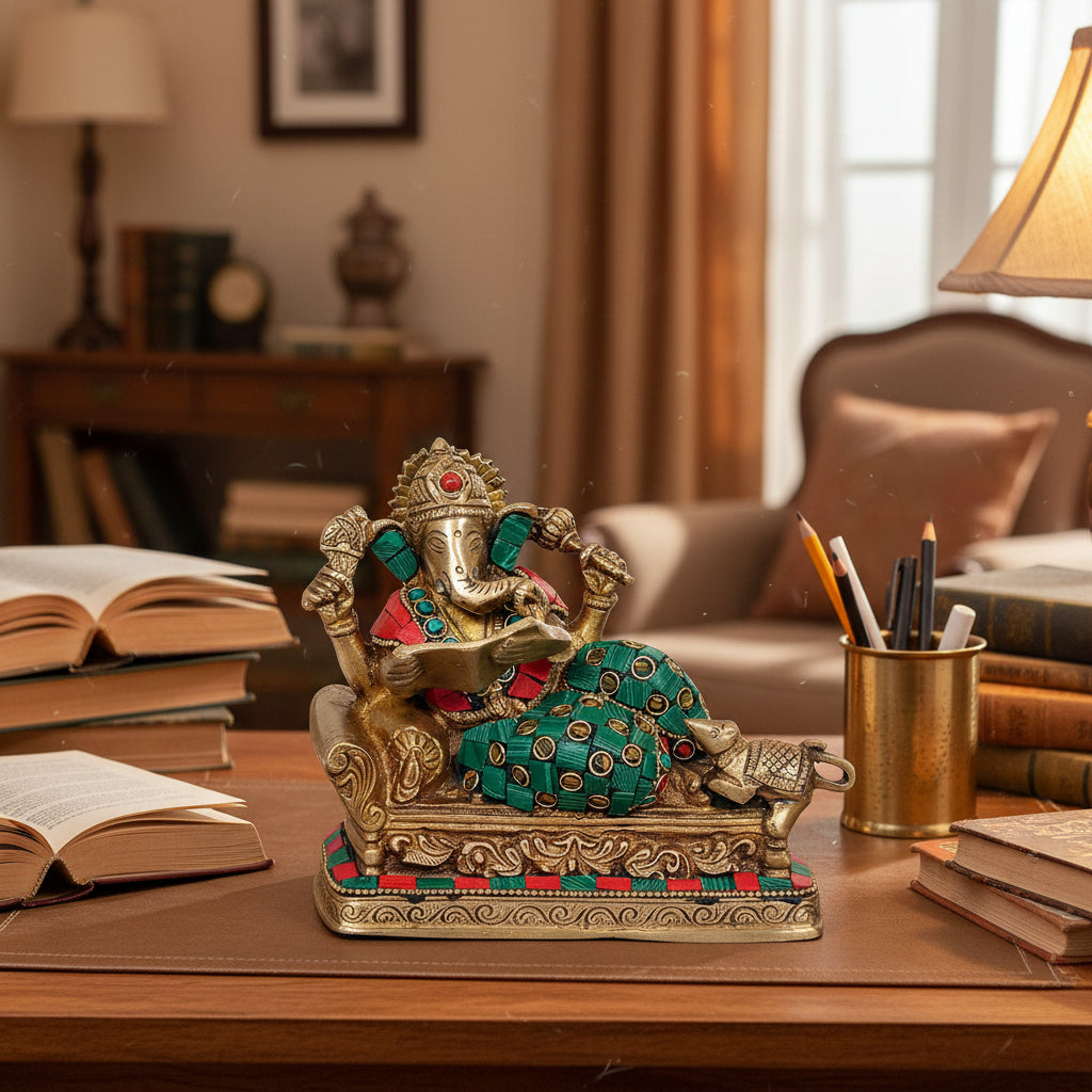 Handcrafted Multicolor Brass Ganesha Reading Book Statue-ArtyCraftz.com
