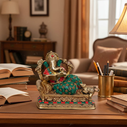Handcrafted Multicolor Brass Ganesha Reading Book Statue-ArtyCraftz.com
