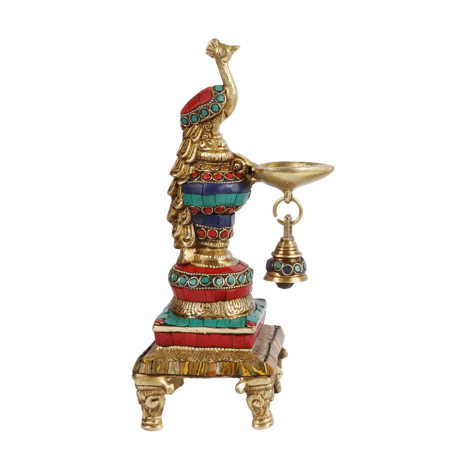 Handcrafted Multicolor Brass Peacock Diya Lamp with Hanging Bell main view-ArtyCraftz.com