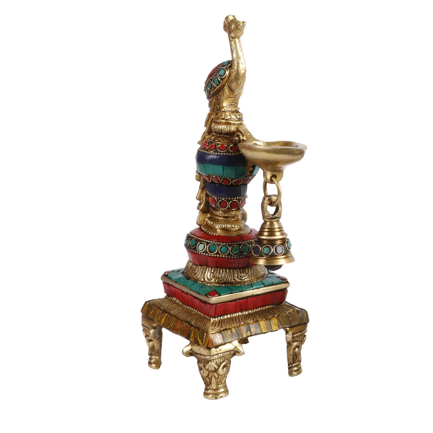 Handcrafted Multicolor Brass Peacock Diya Lamp with Hanging Bell Right View-ArtyCraftz.com