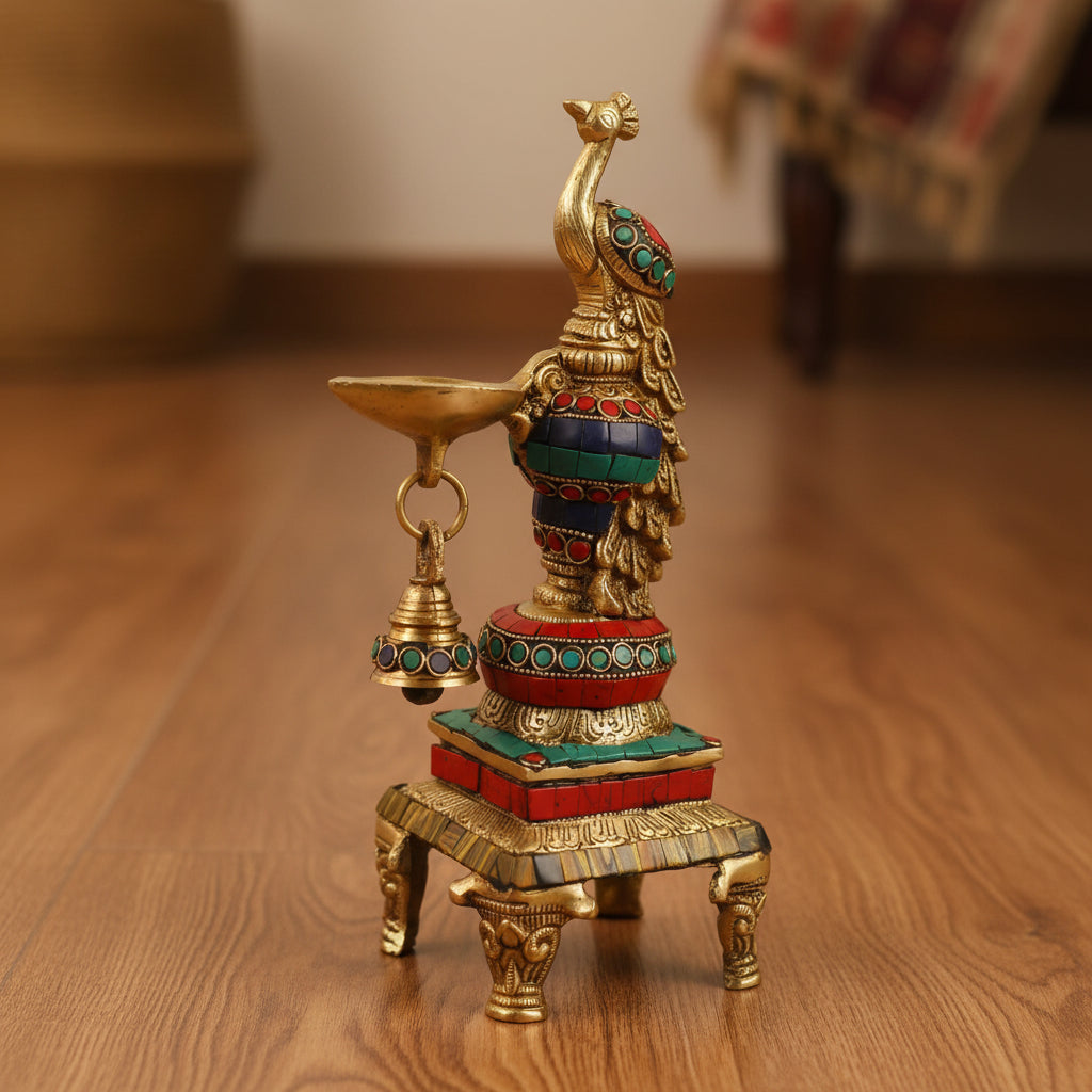 Handcrafted Multicolor Brass Peacock Diya Lamp with Hanging Bell-ArtyCraftz.com