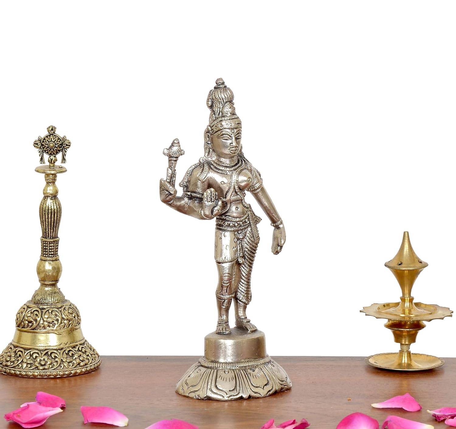 Handcrafted Silver Finish Ardhanarishvara Brass Idol Left View-ArtyCraftz.com