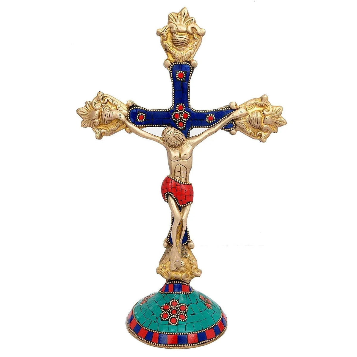 Handcrafted Stone Inlay Brass Standing Cross Tabletop Decor-artycraftz.com