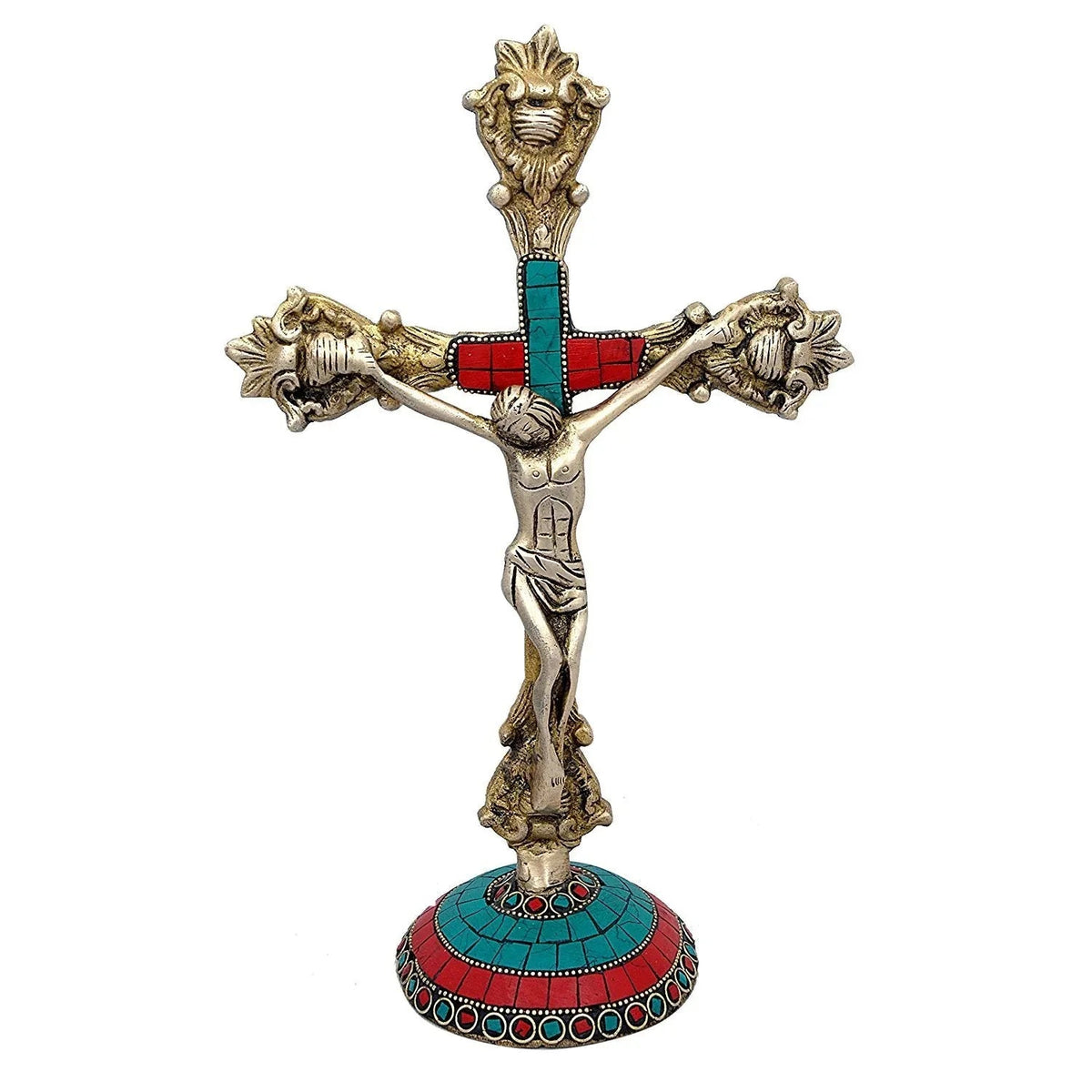 Handcrafted Stone Inlay Brass Standing Cross Tabletop Decor-artycraftz.com