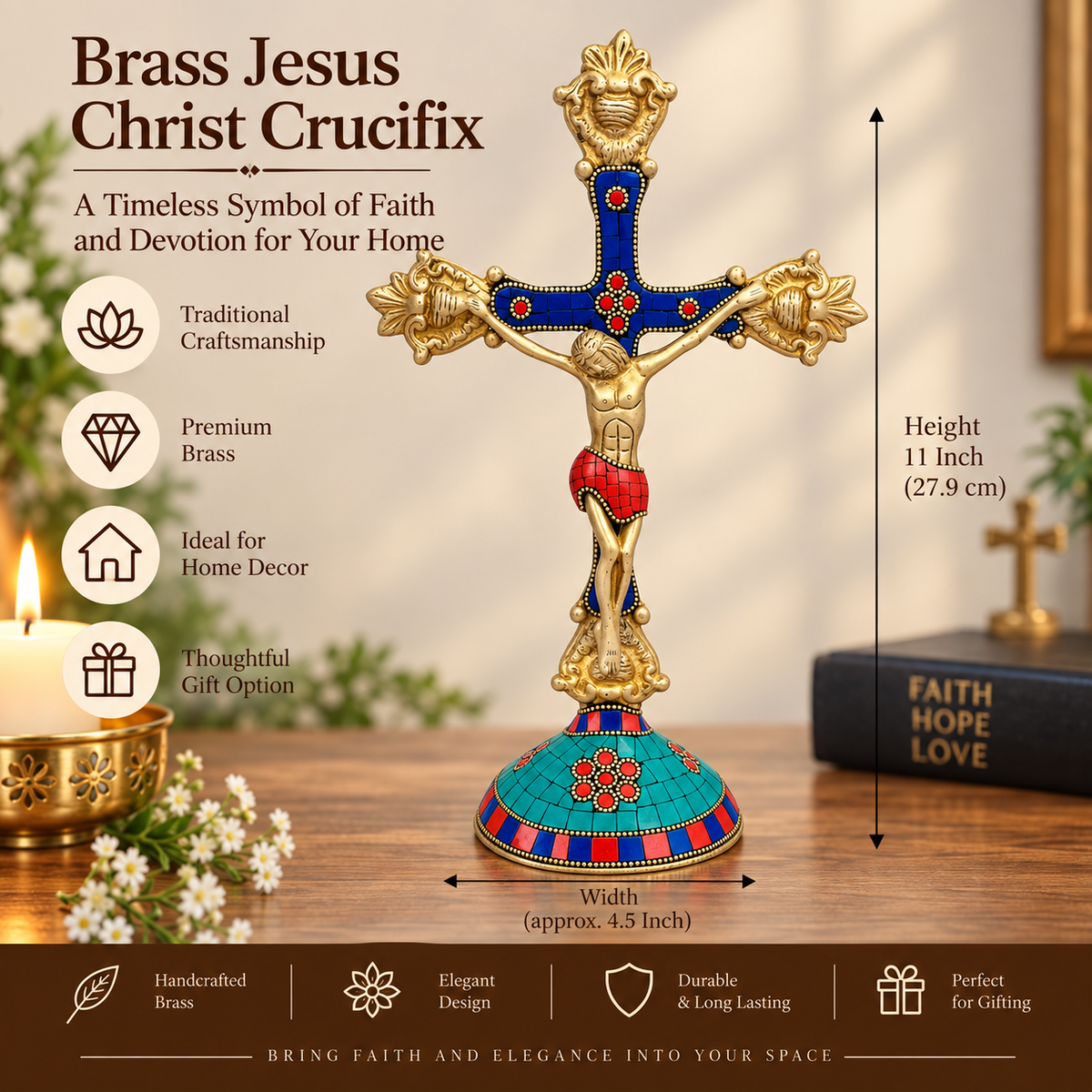 Handcrafted Stone Inlay Brass Standing Cross Tabletop Decor-artycraftz.com