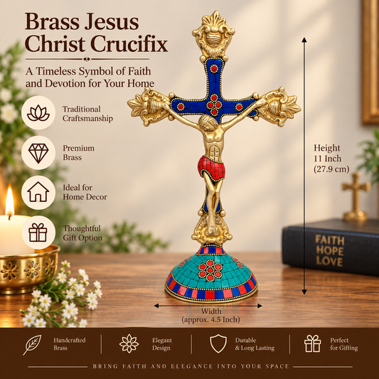 Handcrafted Stone Inlay Brass Standing Cross Tabletop Decor-artycraftz.com