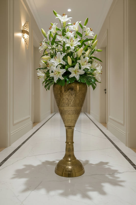 Handcrafted Tall Engraved Brass Floor Vase 34 Inches-ArtyCraftz.com
