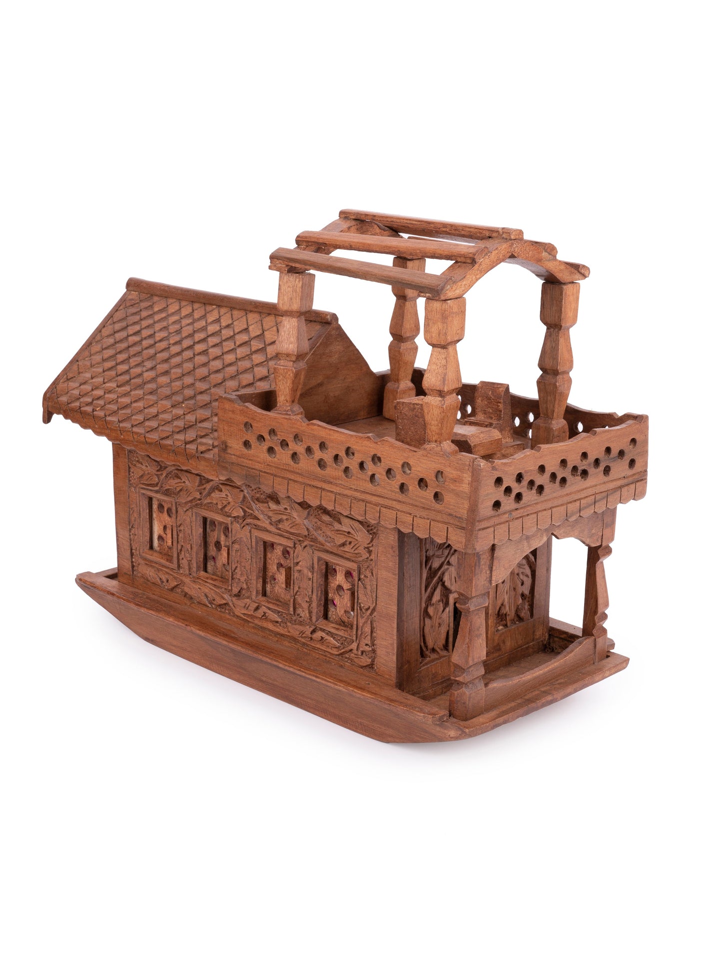Handcrafted Walnut Wood Kashmir Houseboat Showpiece with Intricate Kashmiri Carving Left View-ArtyCraftz.com