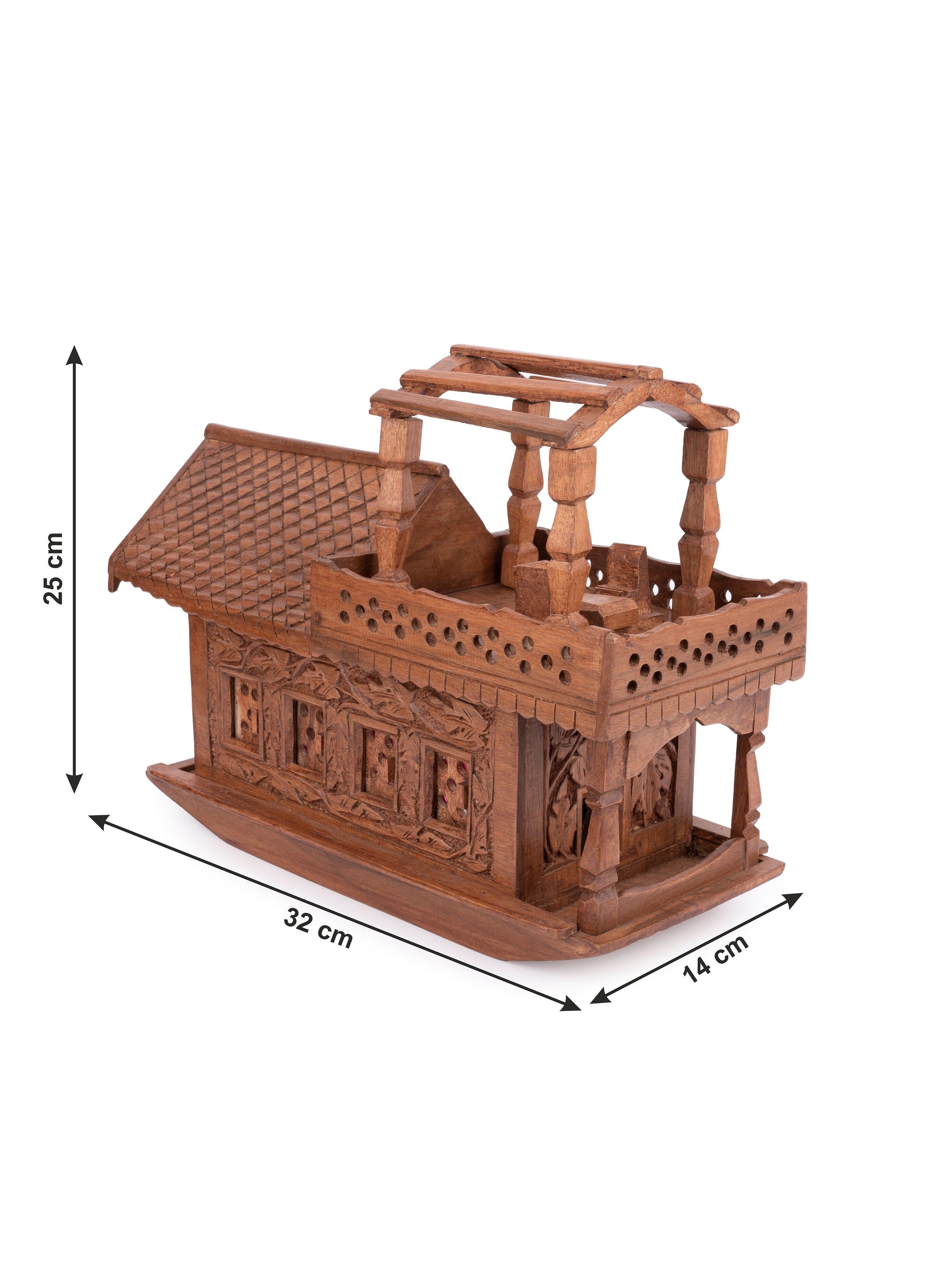 Handcrafted Walnut Wood Kashmir Houseboat Showpiece with Intricate Kashmiri Carving 14 Inches Measurement-ArtyCraftz.com