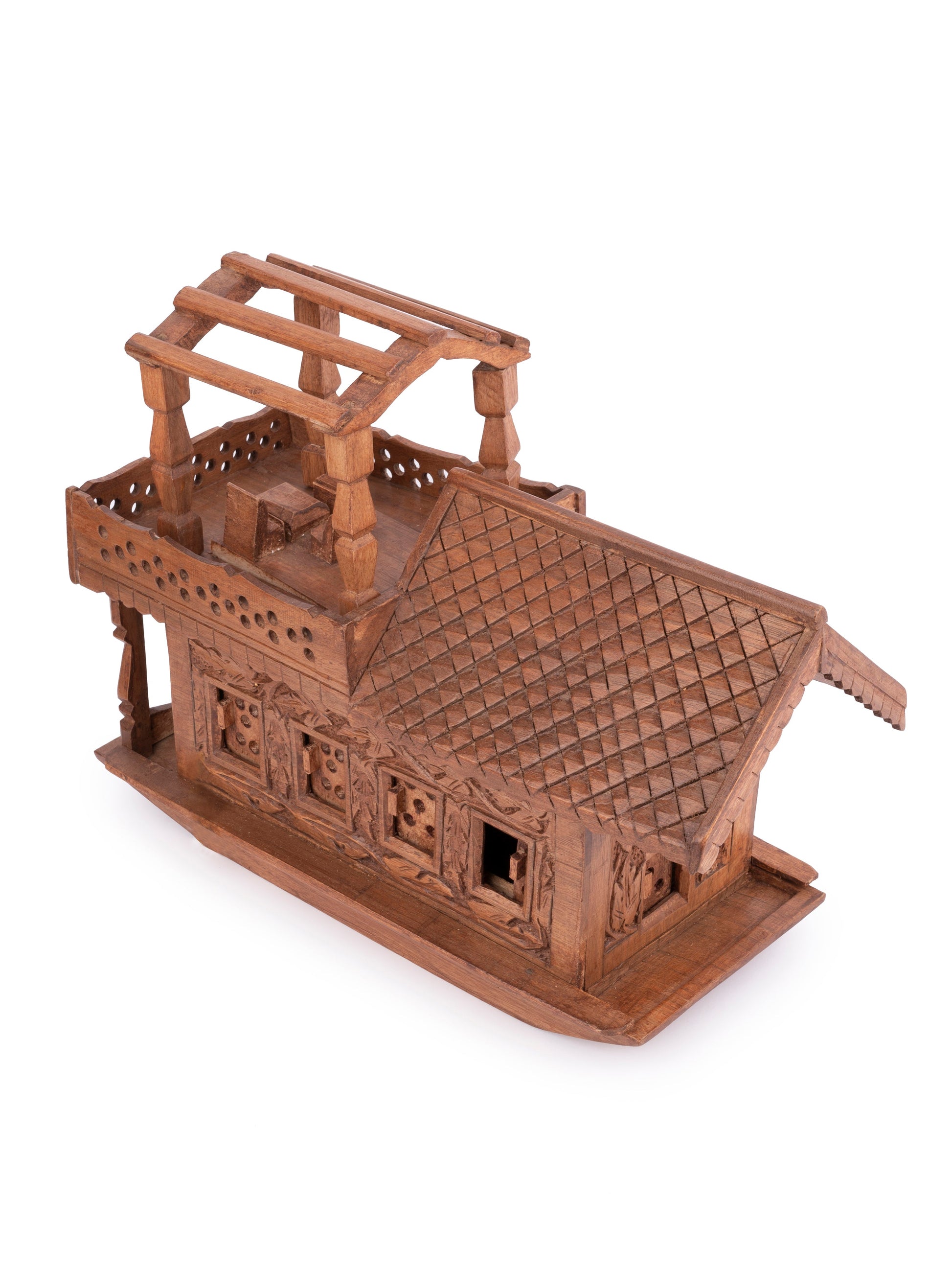 Handcrafted Walnut Wood Kashmir Houseboat Showpiece with Intricate Kashmiri Carving Top View -ArtyCraftz.com