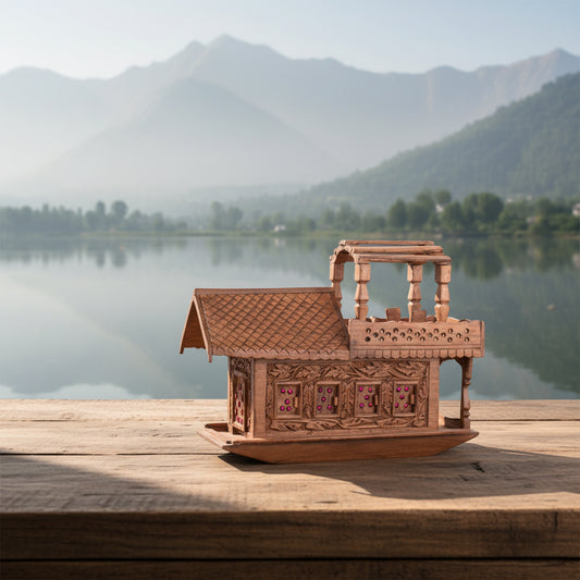 Handcrafted Walnut Wood Kashmir Houseboat Showpiece with Intricate Kashmiri Carving-ArtyCraftz.com