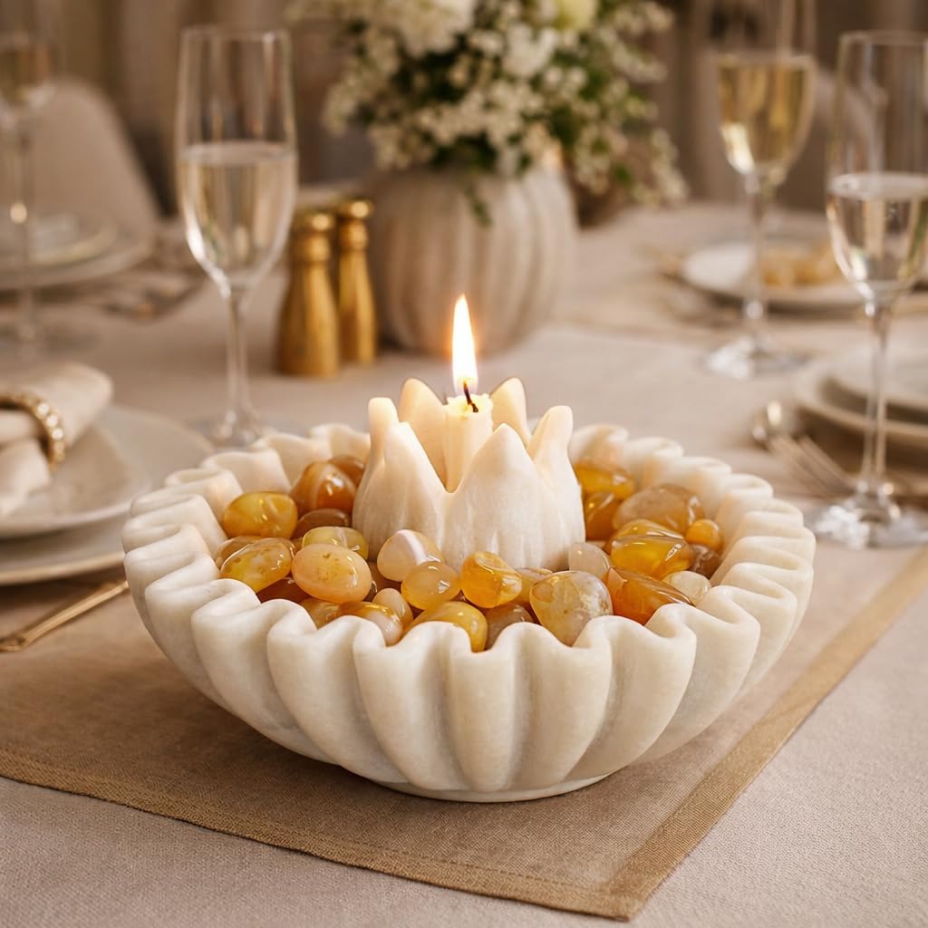Handcrafted White Marble Lotus Urli with Candle Holder Main View-ArtyCraftz.com