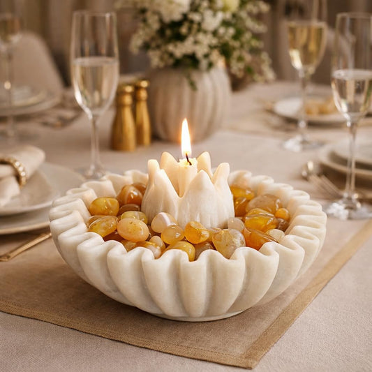 Handcrafted White Marble Lotus Urli with Candle Holder Main View-ArtyCraftz.com