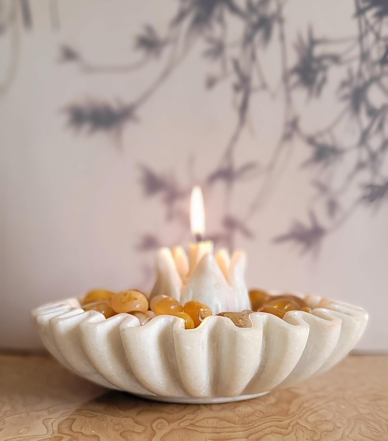 Handcrafted White Marble Lotus Urli with Candle Holder Close View-ArtyCraftz.com