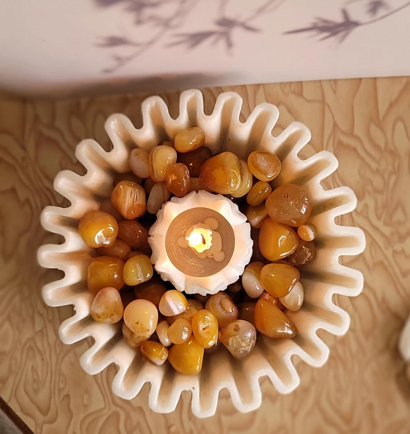 Handcrafted White Marble Lotus Urli with Candle Holder Top View-ArtyCraftz.com