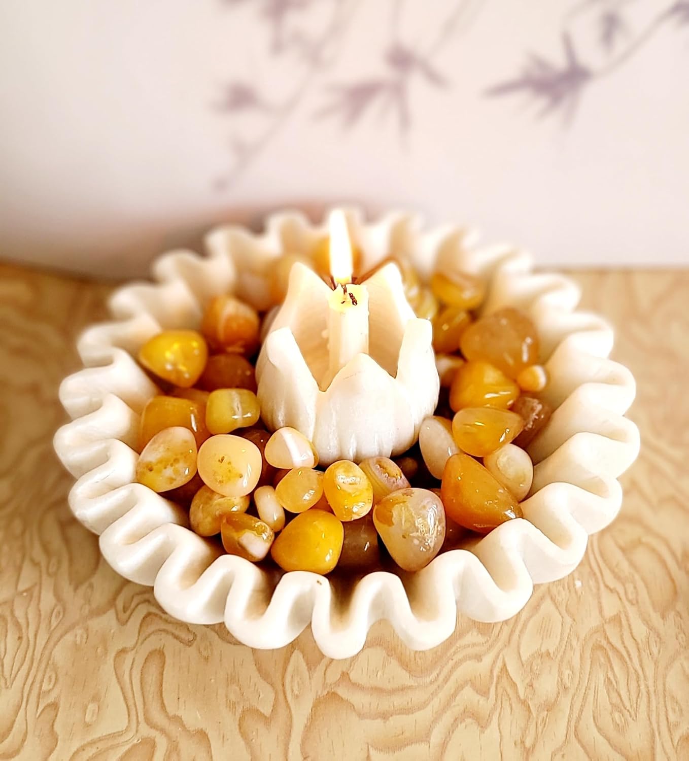Handcrafted White Marble Lotus Urli with Candle Holder-ArtyCraftz.com