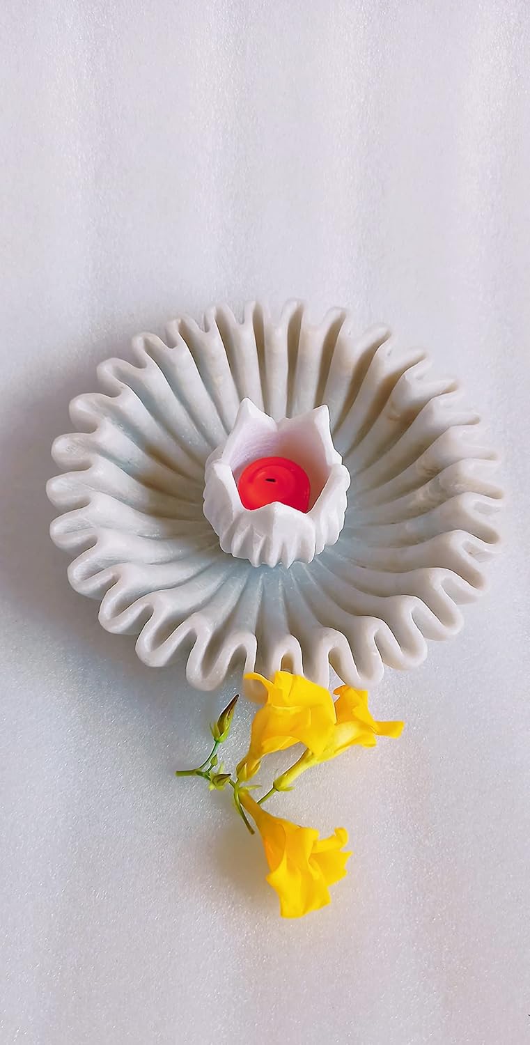 Handcrafted White Marble Lotus Urli with Candle Holder Only product view -ArtyCraftz.com