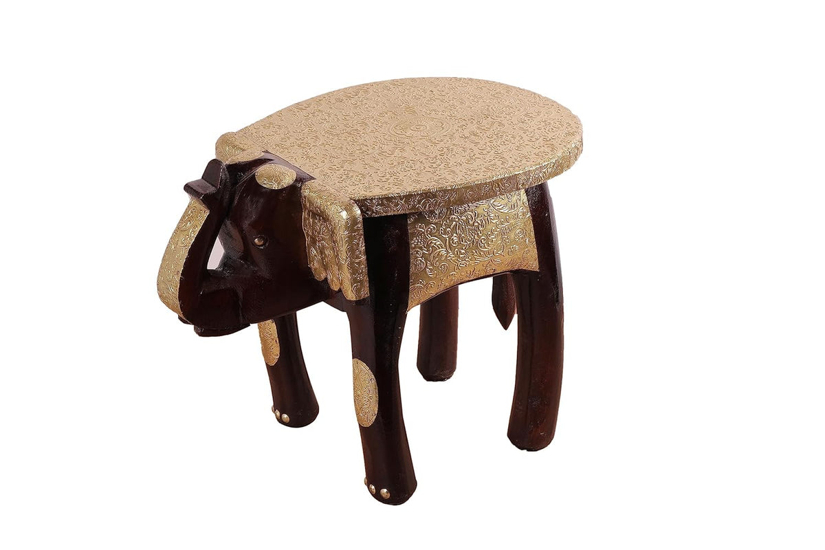 Handcrafted Wooden Elephant Stool with Brass Metal Sheet Work-artycraftz.com