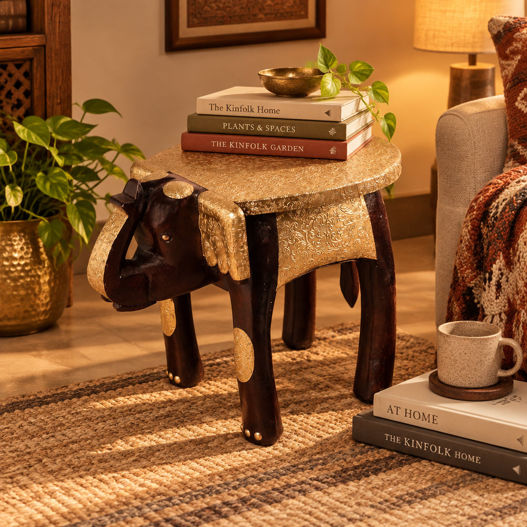 Handcrafted Wooden Elephant Stool with Brass Metal Sheet Work-artycraftz.com