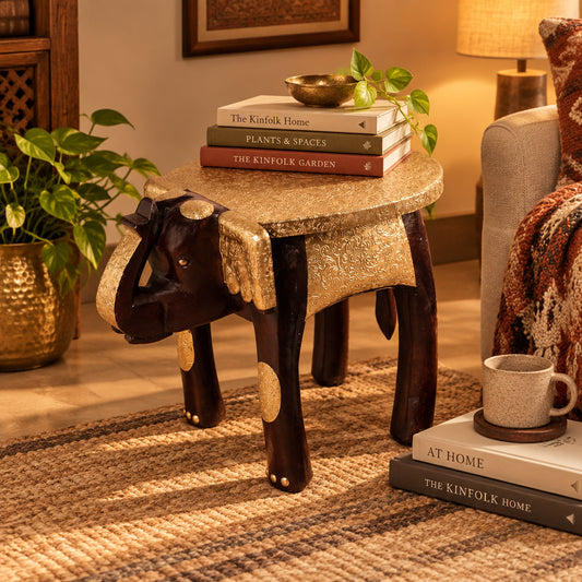 Handcrafted Wooden Elephant Stool with Brass Metal Sheet Work-artycraftz.com