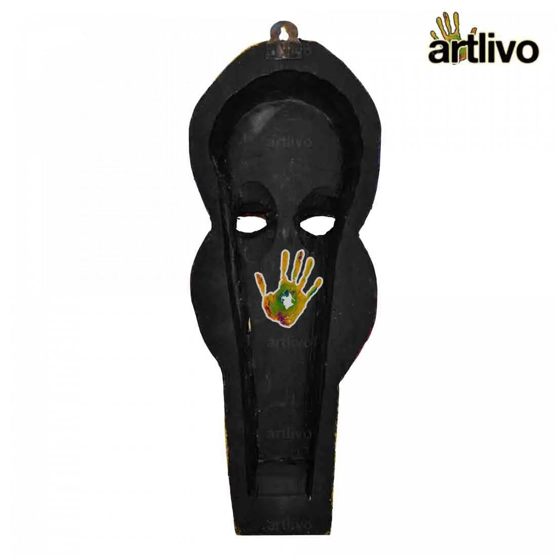 Handcrafted Wooden Embossed Tapered Human Mask- Yellow and Green Color - ArtyCraftz.com