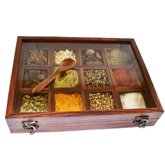 Handcrafted Wooden Spice Rack Spice Holders Wooden Masala Box with 12 Containers - ArtyCraftz.com
